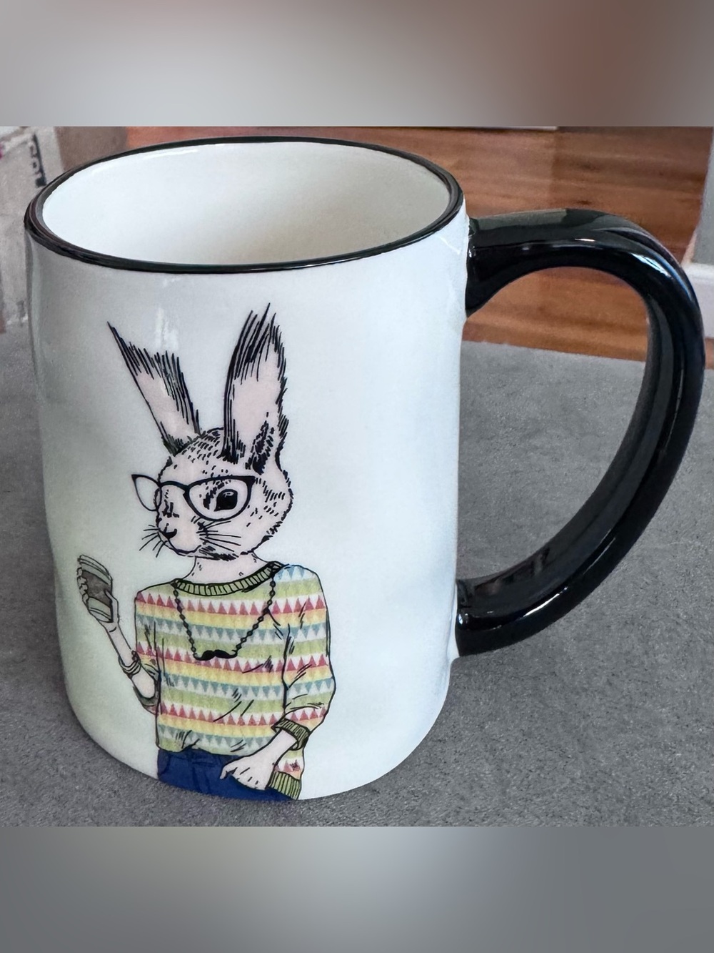 White Ceramic Bunny Illustration Mug with Black Handle, “Hipster Rabbit”